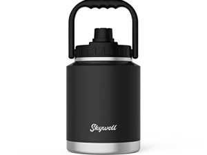 SkyWell Insulated Water Bottle 64oz Stainless Steel Water Bottle with Handle and Wide Mouth Water Flask Sweat-Proof and Leak-Proof Half Gallon Water Jug for Hiking Camping and Outdoors Black