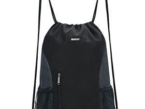 WANDF Drawstring Backpack Sports Gym Sackpack with Mesh Pockets Water Resistant String Bag for Women Men Children (Black)