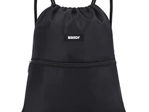 WANDF Drawstring Backpack String Bag Sackpack Cinch Water Resistant Nylon for Gym Shopping Sport Yoga (Black)