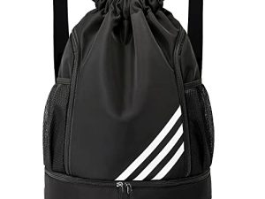 Oziral Drawstring Backpack Water Resistant String Bag Gym Sports with Shoe Compartment Side Mesh Pockets for Women Men Children(Black)