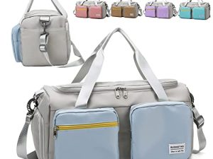 MKAS Women Girls Sports Gym Duffle Bag Cute Medium Travel Fitness Workout Bag with Shoes Compartment & Wet Pocket (Dusty Blue)