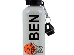 Personalized Custom Basketball Hoop with Basketball Aluminum White Finish 20 Ounce Sport Water Bottle Customizable (Vertical)