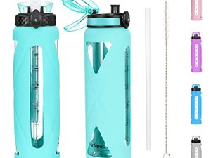 32oz Glass Water Bottles with Straw and Flip Lid