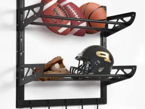 Wallmaster Garage Sports Equipment Organizer Ball Storage Rack Wall Mount Adjustable 2 Layers Steel Black Sports Gear Storage Holder with 5 Hooks
