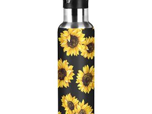 Qilmy Sport Water Bottle with Straw Lid Vacuum Insulated Stainless Steel Thermo Flask Sunflower Water Bottle 20 oz