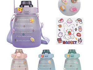 YTFU Kawaii Water Bottle with Straw/Shoulder Strap/3d Stickers