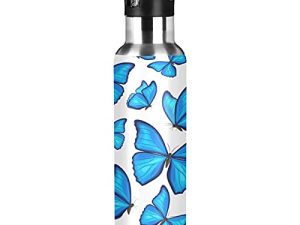 xigua 22 OZ Blue Butterflies Water Bottle with Straw