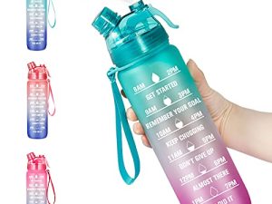 BOTTLE BOTTLE 32 oz Motivational Water Bottle with Time Marker - Water Bottle with Spray Mist Leakproof Drink Water Bottle for Office Gym Running Workout Outdoor Sport(Green Purple)