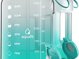 AQUAFIT Half Gallon Water Bottle With Times To Drink - 64 oz Water Bottle With Straw - Water Jug - Motivational Water Bottle - Large Water Bottle - Sports Water Bottle With Time Marker for Gym