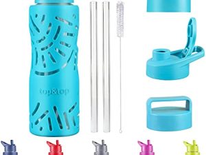 Top&Top 25oz Reusable BPA Free Glass Water Bottles with Non-Slip Silicone Sleeve & Wide Mouth & 3Lids Sports GlassWater Bottles For Outdoor (Mint Blue)