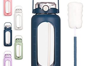 BLUEGO 64oz Glass Water Bottles with Straw Time Marker Half Gallon Large Motivational Water Bottle with Silicone Sleeve 2L Big Glass Water Jug Bottle for Gym