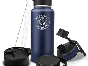 4 Lid Insulated Water Bottles With Straw Stainless Steel Wide Mouth Metal Water Bottle Vacuum Double Wall Mens Sports Water Bottles Flask Keep cold Blue 32 Oz Bpa Free Dishwasher