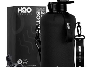 H2O Capsule 2.2L Half Gallon Water Bottle with Storage Sleeve and Covered Straw Lid – BPA Free Large Reusable Drink Container with Handle - Big Sports Jug