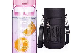 DEARRAY 50 oz Large Sports Glass Water Bottle with Straw & Time Marker Motivational Borosilicate Glass Drinking Bottle with Sleeve Reusable Wide Mouth Glass Bottle with Handle (Pink)