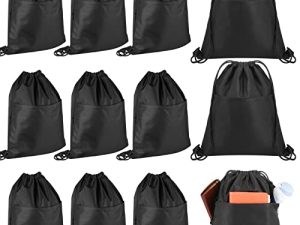 12 Pcs Drawstring Backpack Waterproof String Bag with 3 Zip Pockets Gym Drawstring Bags Black Cinch Sackpack for Men Women Kids Gym Shopping Sport Yoga