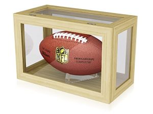 Football Display Case with Football Stand Holder [No Assembly Required] Bamboo Border Football Display Box Memorabilia Showcase Sports Storage Display Case