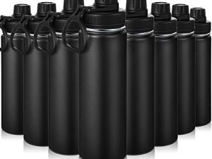 8 Pack 22 oz Stainless Steel Sports Water Bottle Black Insulated Bottle Bulk Vacuum Wide Mouth Bottle with Leakproof Spout Lid Gym Travel Hiking Camping Cup Tumbler for Women Men