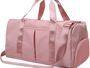 Suruid Sports Gym Bag Travel Duffel Bag for Women and Men Waterproof Weekender Overnight Tote Carry On Bag with Shoes Compartment & Wet Pocket Lightweight Adjustable Strap - Pink