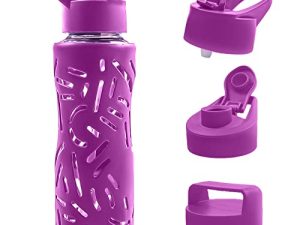 Top&Top 25oz Glass Water Bottles with Straw Cap – Wide Mouth Sports Water Bottles with Protective Silicone Sleeve + 3 Reusable Different Leak-Proof Lids (BPA Free) for Fitness and Outdoor (Purple)
