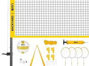 A11N Outdoor Volleyball and Badminton Combo Set - Includes Adjustable Height Anti-Sag Net