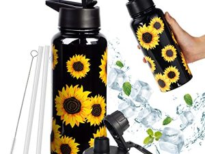 CLQFDT 32oz Sunflower Vacuum Insulated Stainless Steel Water Bottles with Straw & Spout Lids