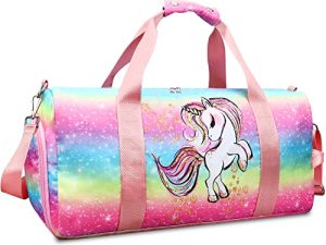 Gym Overnighter Duffle Bag for Girls - Gymnastics Sports Dance Bag with Shoe Compartment & Wet Pocket Unicorn Kids Travel Bag Teens Weekender Sleepover Carry On Bag