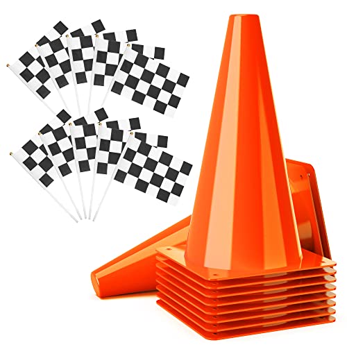PACEARTH 11 Inch Traffic Cones with Chequered Flags 10 Pack PACEARTH 11 Inch Traffic Cones with Chequered Flags 10 Pack