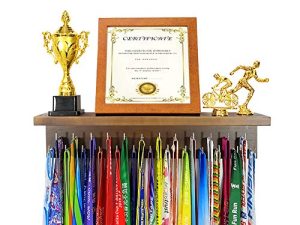 Medal Hanger Trophy Shelf Display Sport Awards.Perfect All-in-1 Wooden Shelf by 25 Pcs Steel Hooks.Sturdy Medal Holders for Gymnastics Basketball Baseball Soccer Honors Wall Mount Rack Easy to Install
