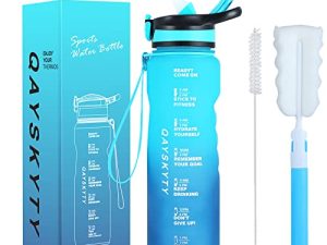 QAYSKYTY 36 Oz Water Bottle with Carabiner&Non-Slip bottle body&Time Marker&Straw