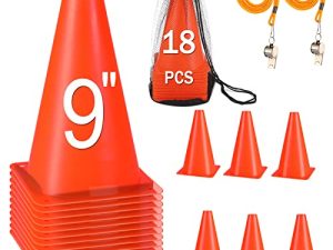 MARFOREVER 9 Inch Cones Sports 18 Pack Orange Soccer Training Cones Plastic Traffic Marker Cones with 2 Whistles for Basketball Football Practice Indoor Outdoor Festive Events Agility Cones