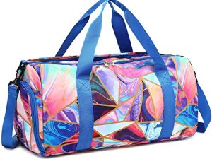 Gym Bag Kids Sports Duffle Bag with Wet Pocket Dance Bag Cheerlead Overnight Weekender Bag with Shoe Compartment Travel Bag (Marble Blue Purple)