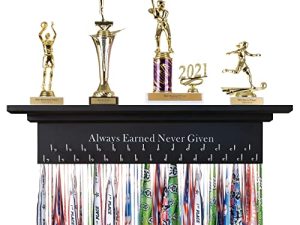 Medal Hanger & Trophy Shelf & Ribbon Holder Black - 2FT Simple Design Rack with Strong Hooks - Displaying Awards from Sports with Motivational Phrase