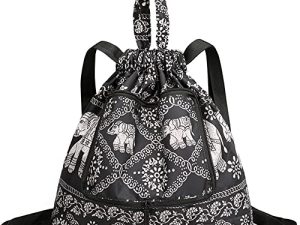 KITENROM Indian Elephant Drawstring Backpack Collapsible Reusable Grocery Bag Portable Travel Bags Large Sport Bag String Sackpack for Shopping Vintage Animal Floral Mandala Pattern