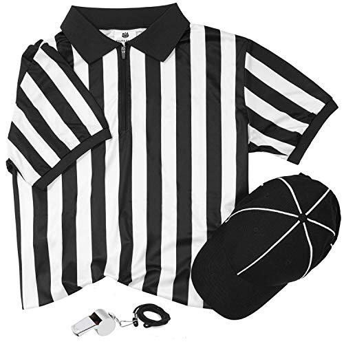 FitsT4 Official Black & White Stripe Referee Shirt Zipper Ref Jersey Uniform Short Sleeve Umpire with Pro Referee Cap Stainless Steel Whistle with Lanyard for Basketball Football Soccer FitsT4 Official Black & White Stripe Referee Shirt Zipper Ref Jersey Uniform Short Sleeve Umpire with Pro Referee Cap Stainless Steel Whistle with Lanyard for Basketball Football Soccer