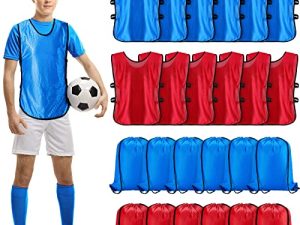 Zhehao 12 Pcs Scrimmage Vests Sports Pinnies Jerseys and 12 Pcs Drawstring Backpack Bags for Football Soccer Basketball Team Training Practice Adult Gym