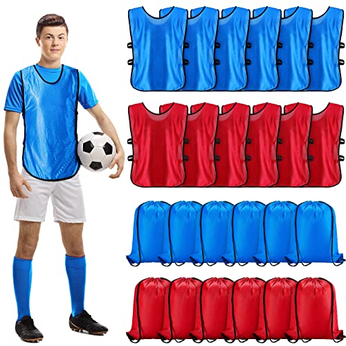 Zhehao 12 Pcs Scrimmage Vests Sports Pinnies Jerseys and 12 Pcs Drawstring Backpack Bags for Football Soccer Basketball Team Training Practice Adult Gym Zhehao 12 Pcs Scrimmage Vests Sports Pinnies Jerseys and 12 Pcs Drawstring Backpack Bags for Football Soccer Basketball Team Training Practice Adult Gym