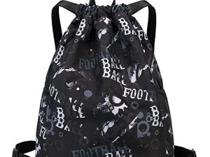 Ryushoyo Drawstring Backpack Gym Backpack Sports Bag for Swim Women Men Workout Bag Draw String Back Sack for Soccer Beach Gear Letters Football Black