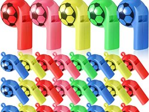 24 Pcs Plastic Whistles with Lanyard Soccer Pattern Training Sports Whistle Kids Whistle for Referee School Camping Soccer Party Favors