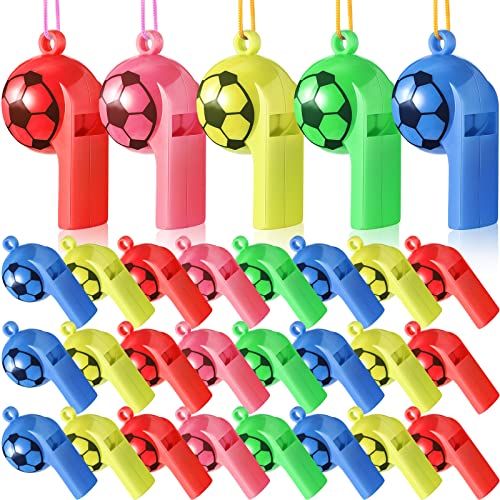 24 Pcs Plastic Whistles with Lanyard Soccer Pattern Training Sports Whistle Kids Whistle for Referee School Camping Soccer Party Favors 24 Pcs Plastic Whistles with Lanyard Soccer Pattern Training Sports Whistle Kids Whistle for Referee School Camping Soccer Party Favors