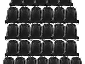 PLULON 30 Pcs Black Drawstring Backpack Bags Bulk String Backpack Cinch Sack Pull Sport Gym Backpack Bags for Yoga Traveling Outdoor Sports
