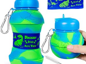 Dinosaur Water Bottle for Kids Toddler Boys 19oz 550ml Collapsible Silicone Foldable Bpa Free Leakproof Sports Water Jugs for School Sports Travel with Flip Spout Christmas Birthday Gifts Green Blue