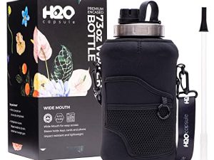 H2O Capsule 2.2L Half Gallon Wide Mouth Water Bottle with Storage Sleeve and Removable Straw - Hydration Tracker Jug with Measurements Marked – Shatterproof BPA-Free