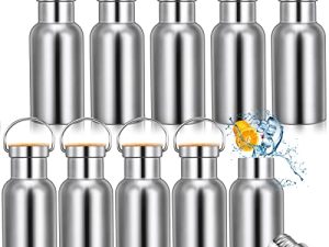 Potchen 10 Pcs Double Stainless Steel Water Bottles Bulk 12 oz Small Metal Insulated Sports Bottle with Wooden Leak Proof Lid of Handle Silver Sports Water Bottles for Kids Adult Sports Gifts