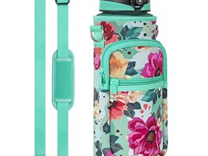 32 oz Water Bottle with Sleeve - BPA Free Leakproof Sport Large 1L Plastic Motivational Water Bottle with Straw & Strap & Insulated Neoprene Holder Carrier Bag Great Xmas Gift for Kids Women Men
