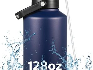 Potchen 128 oz Large Insulated Water Jug One Gallon Vacuum Bottle Double Walled Stainless Steel Travel Drinking Flask with Silicone Straw for Hiking Camp Sport (Blue)