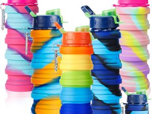 5 Pcs Collapsible Water Bottles 16 oz Portable Foldable Water Bottles Silicone Leak Proof Travel Water Bottle Reusable Sports Water Bottle with Metal Clip for Camping Hiking Travel (Rainbow)