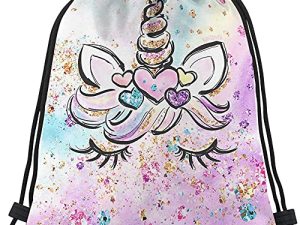 Beabes Pink Unicorn Drawstring Bags Backpack Bag Girly Fairy Horse Cartoon Animal Colorful Hair Heart Glitter Sport Gym Sack Drawstring Bag String Bag Yoga Bag for Men Women Boys Girls